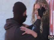 A burglar in black mask is pushing Samantha Saint to the wall and humping cheeky slattern